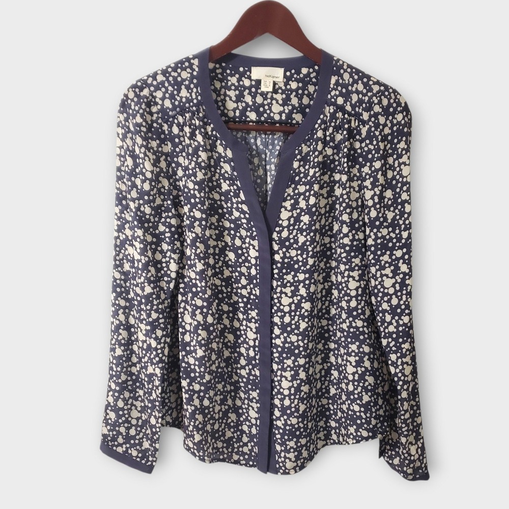 The Korner 100% Silk Navy Polka Dot Long Sleeve Blouse Grey Blue Top Womens Sz S